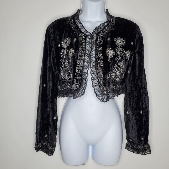 Persaman Jackets & Blazers - Persaman Womens Black Velvet Floral Lace Embroidered Shrug Size L Fairy Grunge.